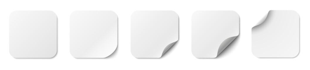 Paper stickers square with rounded edges adhesive. White tags, paper round stickers with peeling corner and shadow, isolated rounded plastic mockup, realistic set round paper curved corner