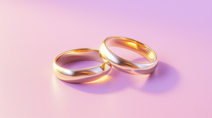 Hyper realistic pair of gold wedding rings on a pastel color background created with Generative Ai