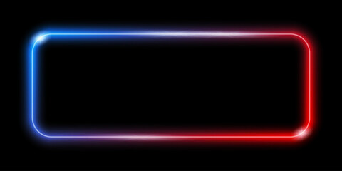 Blue red neon rectangle with rounded edges, illuminate frame, glowing neon light border, retro led neon lamp tube on dark background - vector