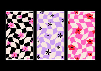Wavy groovy checkered background with flowers 70s wallpaper vector backdrop for social media instagram stories