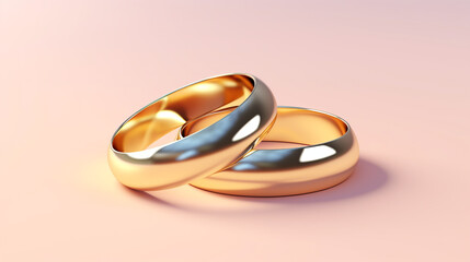 Hyper realistic pair of gold wedding rings on a pastel color background created with Generative Ai