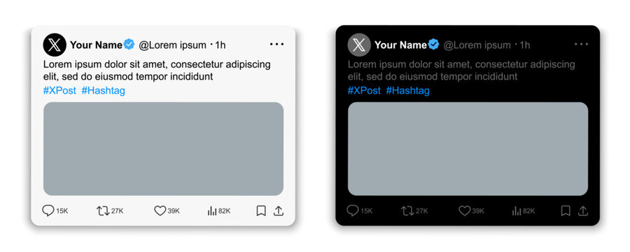 X, Twitter post frame mockup, tweet mockup with editable text, X social media user interface in light and dark mode versions - vector