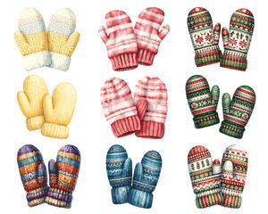Watercolor winter mittens set, winter accessories, vector illustration - 709271654