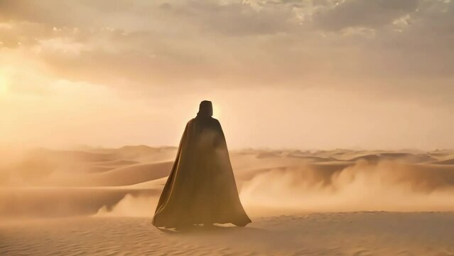 a man in a black cloak stands in the middle of the desert, a sandstorm is brewing. Generative AI