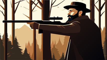 A bearded male hunter wearing a hat is holding a rifle and looking through the scope. Hunting in a pine forest. Illustration vector.