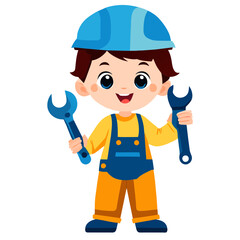 illustration of a little boy child in a hard hat and mechanic or builder uniform holding a wrench in his hands and smiling, vector cartoon illustration isolated on white