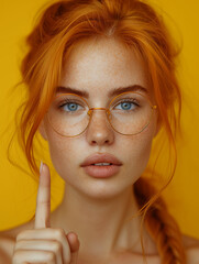 Piękna rudowłosa dziewczyna z okularami, piegami i uniesionym palcem wskazującym w górę emanuje pewnością siebie i determinacją. To zdjęcie ukazuje silną osobowość w ciepłych tonacjach. - obrazy, fototapety, plakaty