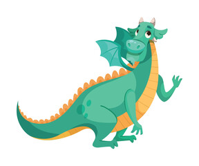 Obraz premium Fairy Green Dragon as Horned Legendary Creature with Wings Vector Illustration