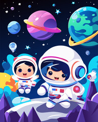 Two astronaut children, a boy and a girl in a spacesuit in outer space, jump and rejoice. In the background are the planets Jupiter, Saturn, Earth and stars