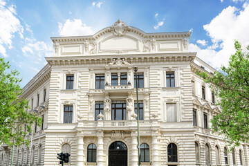 Facade of a classical villa in the city, old building with new facade after renovation