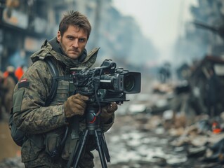 Fototapeta premium War Correspondent Capturing the Frontlines