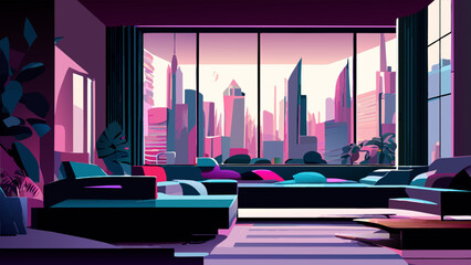 Stylish modern interior of a hall in a penthouse in a high-rise with a window view of the city and other skyscrapers