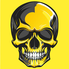 Illustration of a skull head with teeth in black and yellow shades, smiling angrily cartoon vector