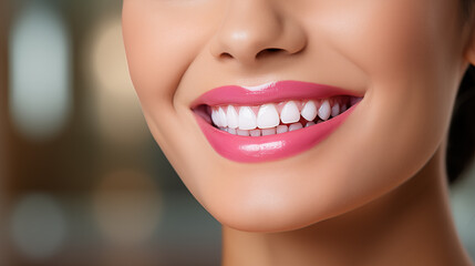 Nice smiling girl with beautiful white teeth and saturated color lipstick	
