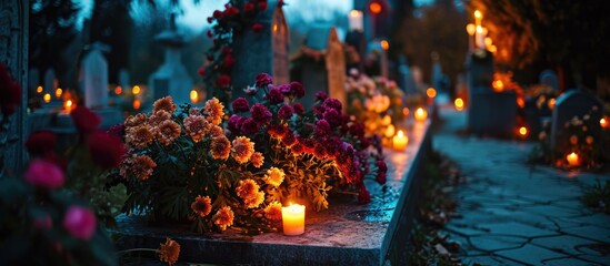 All Saints Day in Slovakia, Europe, with flowers and candles adorning a tombstone in the churchyard.