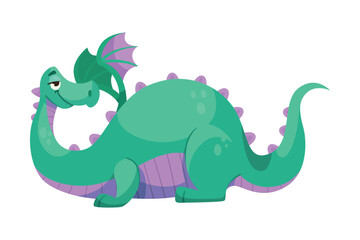 Naklejka premium Fairy Green Dragon as Horned Legendary Creature with Wings Vector Illustration