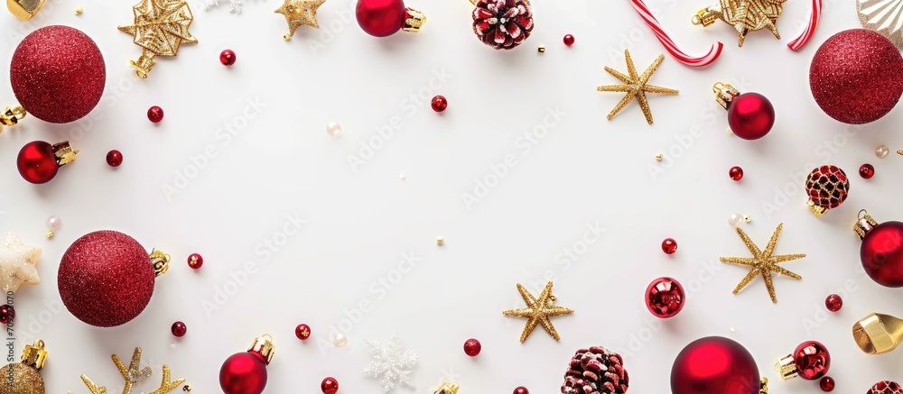 Poster Christmas-themed flat lay with red and golden decorations on a white background, viewed from the top with empty space for text.