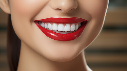 Nice smiling girl with beautiful white teeth and saturated color lipstick	
