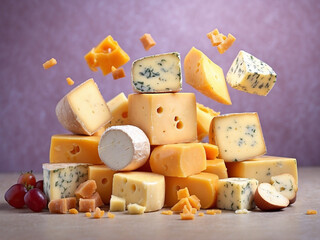  Assortment of cheese flying around, pastel background, cheddar, french soft cheese
