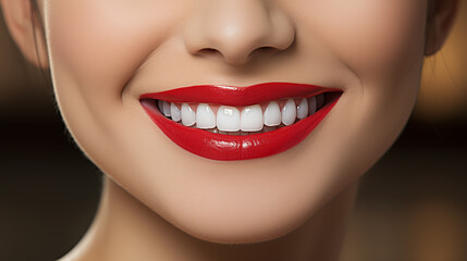 Fototapeta premium Nice smiling girl with beautiful white teeth and saturated color lipstick 