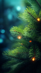 Fototapeta na wymiar Hyper realistic christmas tree green spruce branch, lights created with Generative Ai