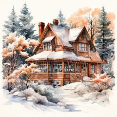 Watercolor Winter House with pine tree forest, Cozy Snowy Winter Fairy House on white background