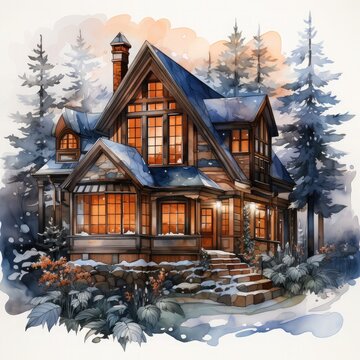 Watercolor Winter House with pine tree forest, Cozy Snowy Winter Fairy House on white background