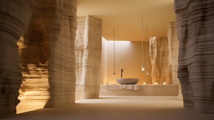 Open, hollow bathroom and layered sandstone columns in beige colors, romantic mood. 