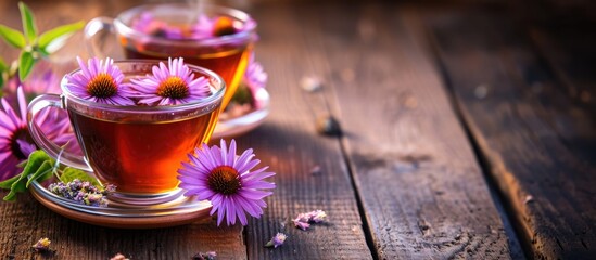 Herbal echinacea tea on wooden table. - obrazy, fototapety, plakaty