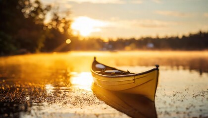  canoe in the morning on a misty lake in Ontario, Canada - obrazy, fototapety, plakaty