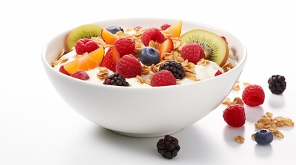 Cereal with fresh fruit, berries, and yogurt on a white background