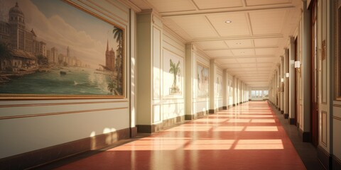 Vintage-themed hallway with a view of a lengthy corridor.