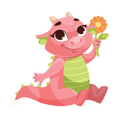 Fairy Pink Baby Dragon as Horned Legendary Creature Sit with Flower Vector Illustration