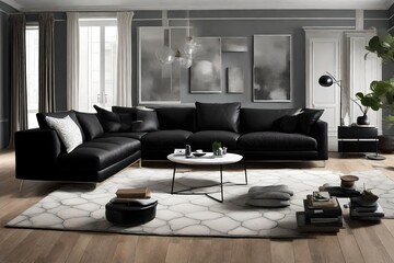 black colored sofa kept in a middle of a room