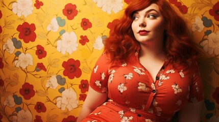Curvy Woman with red hair looking to the side on a yellow flower wallpaper - obrazy, fototapety, plakaty