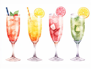 Watercolor illustration of cocktails beverages on white background
