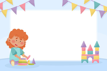 Cute Girl Kid Play Block Toy in Playroom Empty Card Vector Template