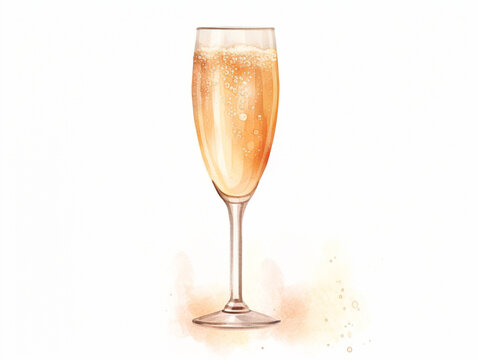 Watercolor illustration of glass of champagne beverage on white background