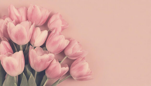 Background image of tulips. Pink flowers on pink background. Generative AI