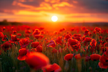 Blooming poppy field during the sunset
