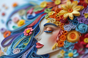 portrait of a beautiful girl made of paper. Origami from colored paper. flowers