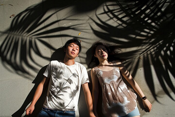 Chinese Young Couple Lying On Ground With Palm Tree Shadow