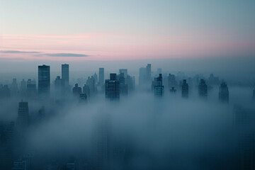 Fototapeta na wymiar City In The Fog Distant outlines of city buildings shrouded in predawn fog