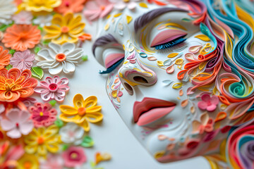 portrait of a beautiful girl made of paper. Origami from colored paper. flowers