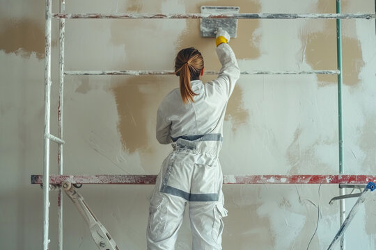 A woman is renovating a room, spackling and plastering the walls, standing on scaffolding in a construction suit, she applies spackle on a trowel