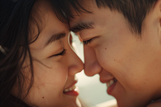 Close up loving asian couple tears of happiness