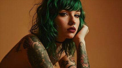 Close-up of a young caucasian woman with green hair, punk style, and a confident expression on a brown studio background