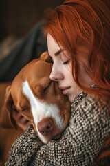 Girl with red hair hugs her dog