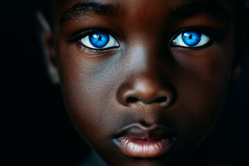 Portrait of a black boy with bright blue eyes