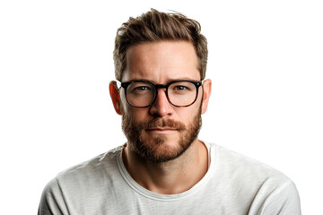 Portrait of a handsome white man with short hair and a well-groomed beard wearing glasses, isolated on a white studio background